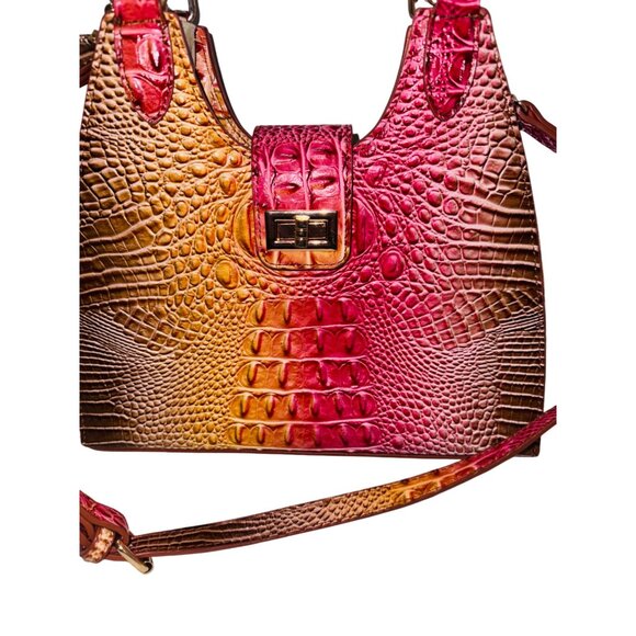 Croc Embossed Faux Leather Handbag Gradient Pink & Yellow Adjustable Strap - Picture 10 of 11